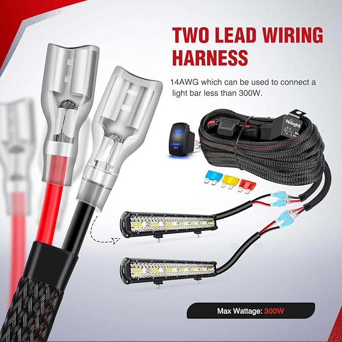 Nilight Wiring Harness Kit Nylon 14 AWG 2 Leads 12V 5Pin Rocker Switch Laser On Off Power Relay Blade Fuse for LED Light Bar Off Road Lights on Cars Jeep Boat Trucks