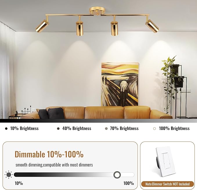 5Color LED Track Lighting Kit 4 Lights Dimmable 48W Track Light,Zoomable15°/24°/36°/45°/60°-2700K/3000K/3500K4000K/5000K,Track Lighting for Accent Task Kitchen,Lumen 4800 (Gold)