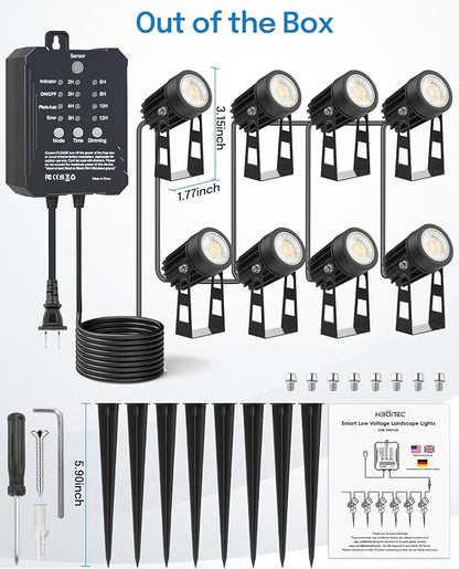 HIBOITEC Low Voltage Landscape Lighting with Transformer Photocell Sensor and Timer Spotlights Kit 68FT ETL Approved Wire Dimmable Waterproof 2700K for House Yard Trees Garden Plants Outdoor 8 Packs