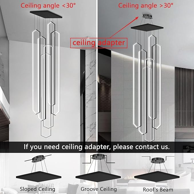 6 Rings Large Chandelier for Staircase Modern High Ceiling Chandelier LED Dimmable Chandeliers for Foyer Staircase Enterway Living Room Villa Black