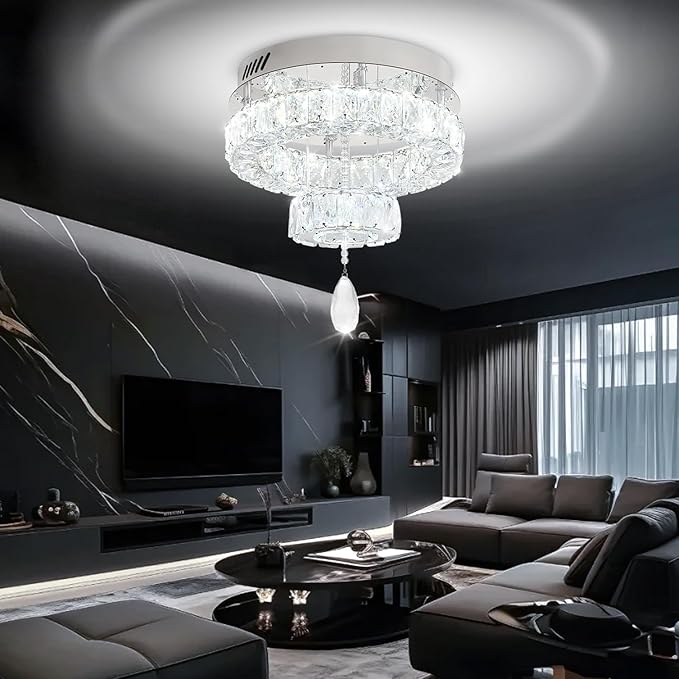 Flashing God Dia 12" Mini Chandelier Modern Crystal Chandeliers for Hallway Silver Flush Mount Ceiling Light Modern Chandeliers Lighting for Bedroom Staircase Kitchen