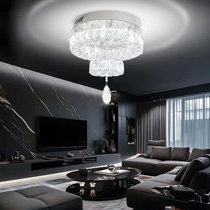 Flashing God Dia 12" Mini Chandelier Modern Crystal Chandeliers for Hallway Silver Flush Mount Ceiling Light Modern Chandeliers Lighting for Bedroom Staircase Kitchen