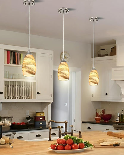 karyfine Mini Pendant Lights Kitchen Island Light Brown Glass Lamp Shade Hand Blown Glass Pendant Light with Brush Nickel Finish Adjustable Cord for Kitchen Over Sink, Dining Room (Light Brown-3P)