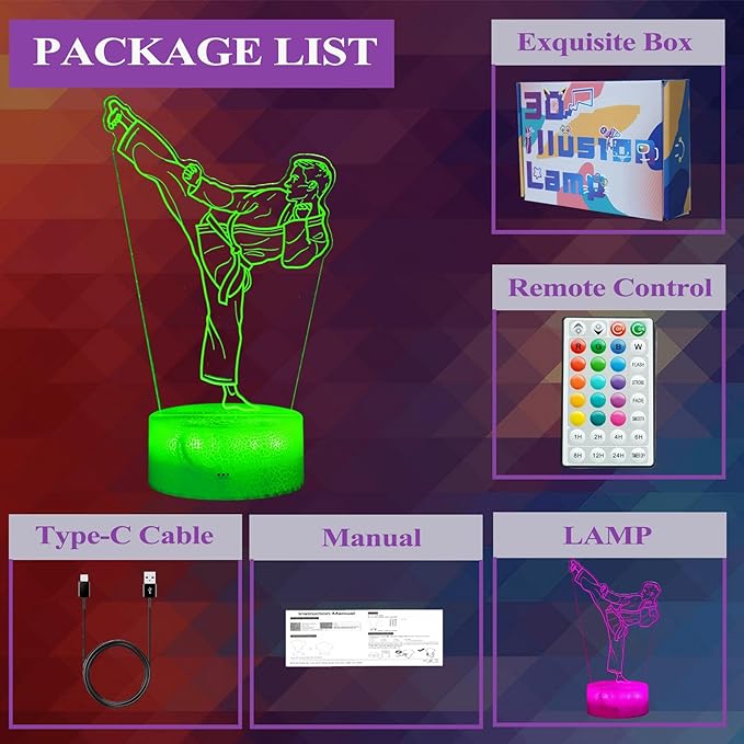 Karate Night Light, Karate Gifts, Taekwondo 3D Illusion Lamp with 16 Colors Changing, Timer, 4 Flash Modes and Dimmable, Kids Boys Girls Room Decoration, Holiday Xmas Gifts