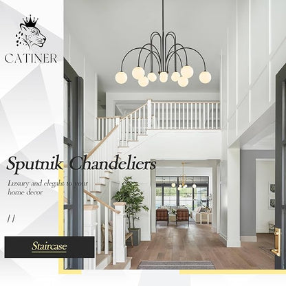 CATINER Black Sputnik Chandeliers 12 Lights Modern Chandelier for High Ceiling Large L52”Mid Century Ceiling Pendant Light Fixtures with Milk Glass Globe Shades for Living Dining Room Foyer Staircase