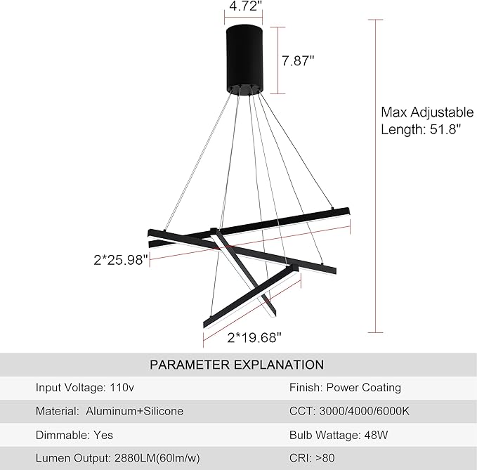 Modern Led Chandelier, High Ceiling Chandelier, Linear Chandelier 4 Lights Black Dimmable Large Pendant Light 51.8“ for Living Room Staircase Entry Foyer Lobby Office Duplex