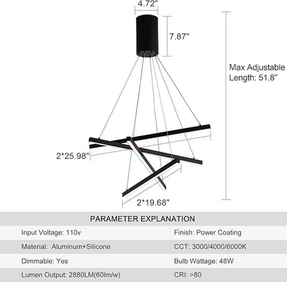 Modern Led Chandelier, High Ceiling Chandelier, Linear Chandelier 4 Lights Black Dimmable Large Pendant Light 51.8“ for Living Room Staircase Entry Foyer Lobby Office Duplex