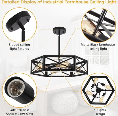 Black Semi Flush Mount Ceiling Lights, Sloped Dining Room Light Fixture Farmhouse Hexagon Chandelier, Kitchen Island Pendant Lighting Adjustable Height for Entryway Hallway Foyer