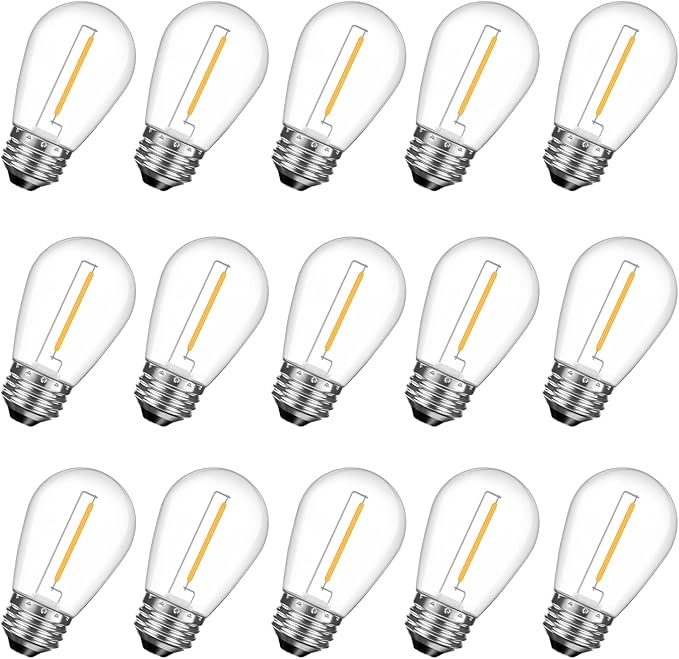 GvvooHome 15 Pack Shatterproof S14 LED Replacement Bulbs for Outdoor String Lights, 1W Equivalent to 11W Incandescent Bulb, Warm White 2200K, Dimmable, E26 Regular Medium Screw Base