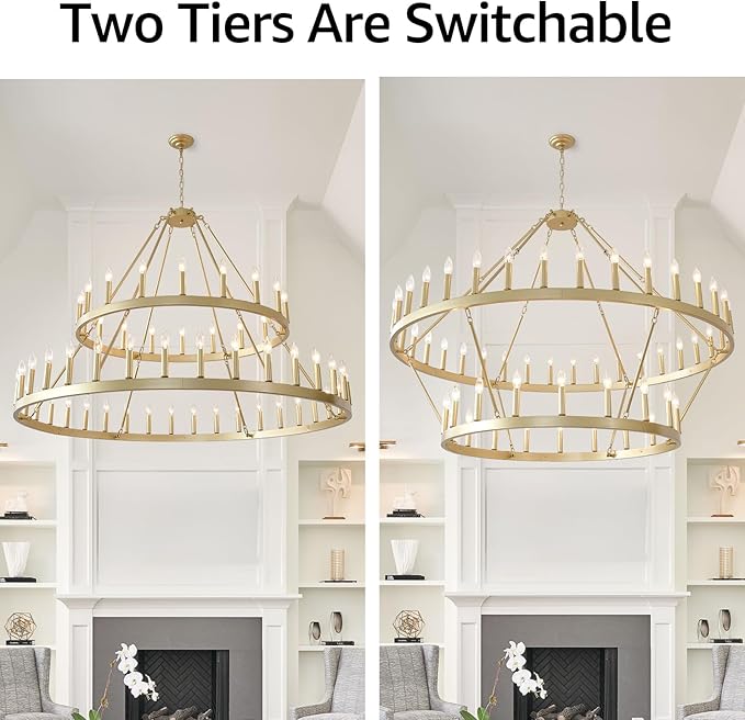 HHR 60" Gold Wagon Wheel Chandelier 2-Tier, Extra Large Farmhouse Chandelier for High Ceilings 54-Light, Round Gold Chandeliers Light Fixture for Foyer, Entryway, Dining Room, E12
