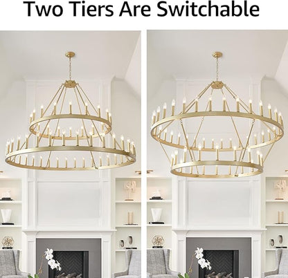 HHR 60" Gold Wagon Wheel Chandelier 2-Tier, Extra Large Farmhouse Chandelier for High Ceilings 54-Light, Round Gold Chandeliers Light Fixture for Foyer, Entryway, Dining Room, E12