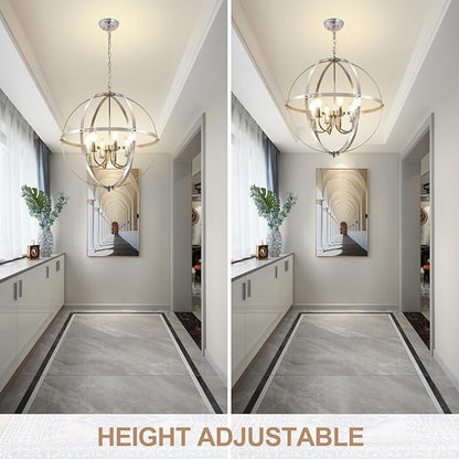 DLLT 6-Light Chrome Globe Pendant Light Fixtures, Industrial Sphere Pendant Lighting Over Island for Dining Room Foyer