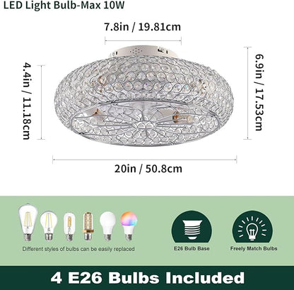 20" Crystal Ceiling Fan with Lights - Enclosed Bladeless Design, Reversible DC Motor & Remote, 6-Speed Quiet, Flush Mount Low Profile Electroplated Mirror Finish, for Bedroom/Living Room
