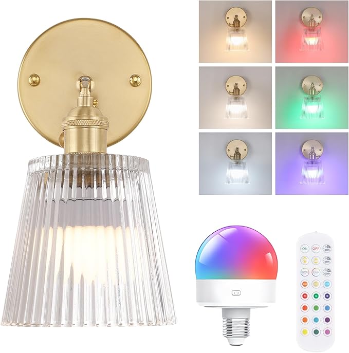 Shenmoyl Vintage Battery Operated Wall Sconce with Transparent Stripe Glass Lampshade Rechargeable Battery Powered Wall Light with Remote Control for Bedside Bedroom Doorway