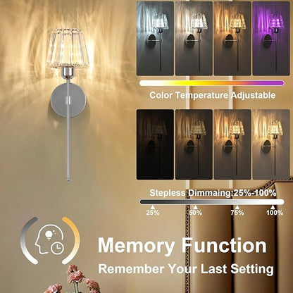 Battery Operated Crystal Wall Sconce Set of 2, Chrome Rechargeable Wireless Wall Sconces with Remote Dimmable 12 Colors Modes Led Wall Lights for Bedroom Living Room Hallway, 2 Bulbs Included