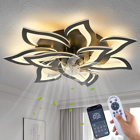 32" Modern Geometric Ceiling Fan with Lights Remote Control, Black 6 Speeds 3 Colors Low Profile Ceiling Fan with Light for Living Room