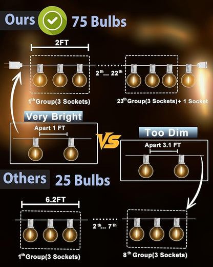Outdoor-String-Lights-Patio-LED-Light-Outside 75FT Waterproof Light with Remote Dimmable 75 G40 Shatterproof Bulb Connectable Hanging Outdoor Lighting for Backyard Porch Party 12 inch Bulb Apart