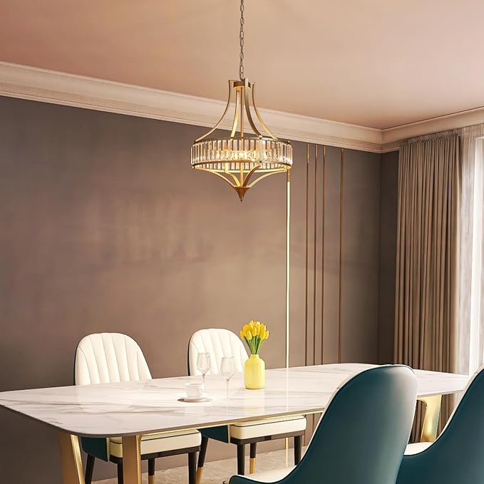 21.6" Gold Crystal Chandeliers Modern Vintage Chandelier with Round Metal Shade Art Deco 6-Light Large Dining Room Light Fixture for Kitchen, Dining Room, Hallway, Bedroom, Foyer
