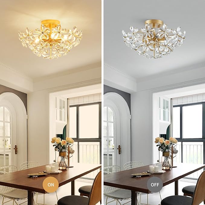 WUZUPS Crystal Chandelier Flushmount Ceiling Light Modern Lighting Fixture for Bedroom Hallway Bar Kitchen Bathroom, H 8.9" x W 17.7", Gold, E12 Base