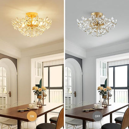 WUZUPS Crystal Chandelier Flushmount Ceiling Light Modern Lighting Fixture for Bedroom Hallway Bar Kitchen Bathroom, H 8.9" x W 17.7", Gold, E12 Base