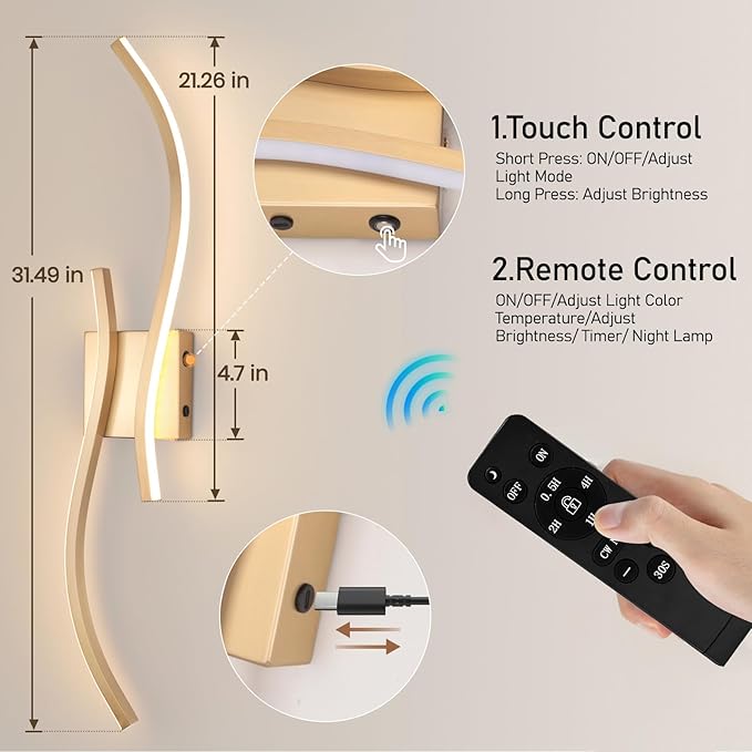 CANEOE Battery Operated Wall Sconces with Remote Control, Rechargeable Dimmable Touch Wall Sconces Set of Two, 3000K-6500K LED Wireless Wall Light for Living Room Bedroom Hallway,31.5inch(Gold)