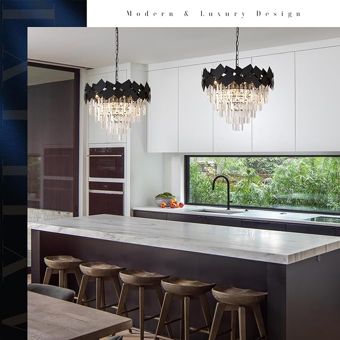 Black Crystal Chandelier Modern Round Chandelier Crystal Ceiling Pendant Light 24'' 5 Tiers Dining Room Chandelier over Table k9 Luxury Hanging Lamp Fixtures for Entryway Foyer Dining Room Bedroom
