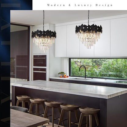Black Crystal Chandelier Modern Round Chandelier Crystal Ceiling Pendant Light 24'' 5 Tiers Dining Room Chandelier over Table k9 Luxury Hanging Lamp Fixtures for Entryway Foyer Dining Room Bedroom