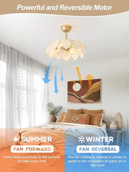 ainqiant 20" Gold Fandelier Ceiling Fans with Lights,Flower Chandelier Ceiling Fan with Light and Remote Control, Boho Fandelier with 6 Speeds for Bedroom, Nursery, Living Room
