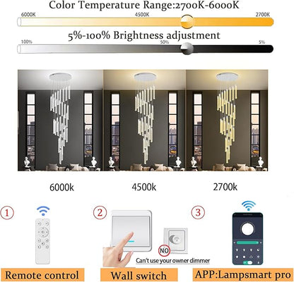 177'' Long Crystal Column Chandelier Silver 30-Light Extra Large Staircase Chandelier High Ceiling Dimmable LED Ceiling Lighting Foyer Entryway Light Source is Replaceable