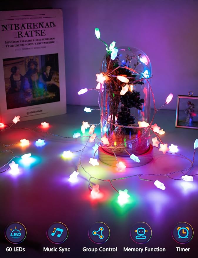 echosari Smart Firecracker Star Fairy Lights Plug in, 16 Million Color Changing String Lights RGB Built in Chip with App Remote Control Timer 10Ft Star String Lights for Bedroom Patio Party Decor