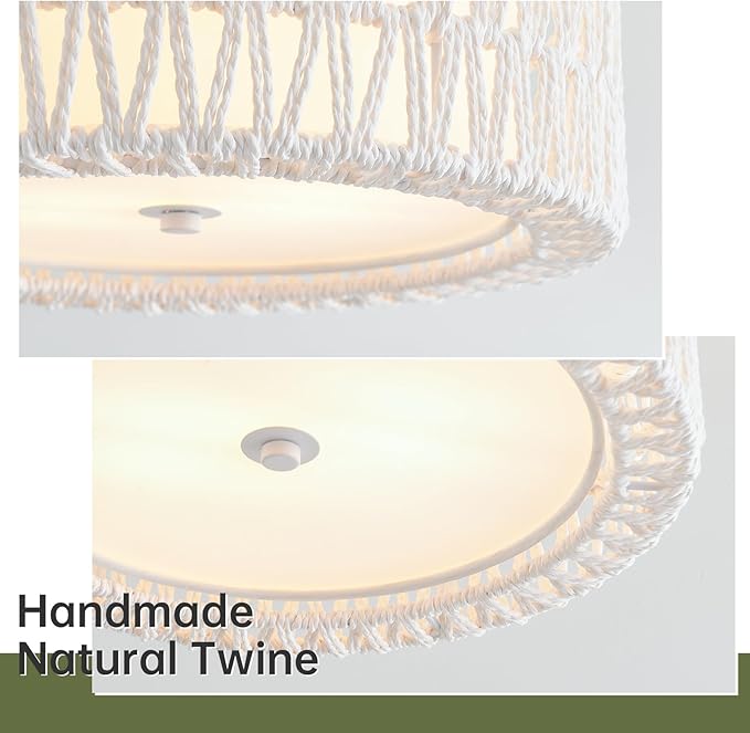 Boho Rattan Ceiling Light Fixtures 2-Light White Flush Mount Ceiling Light, 12.6" Coastal Light Fixture Close to Ceiling Light for Bedroom Nursery Foyer Hallway Entryway Kids Room