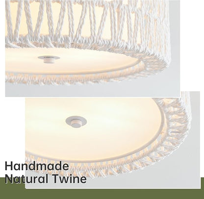 Boho Rattan Ceiling Light Fixtures 2-Light White Flush Mount Ceiling Light, 12.6" Coastal Light Fixture Close to Ceiling Light for Bedroom Nursery Foyer Hallway Entryway Kids Room