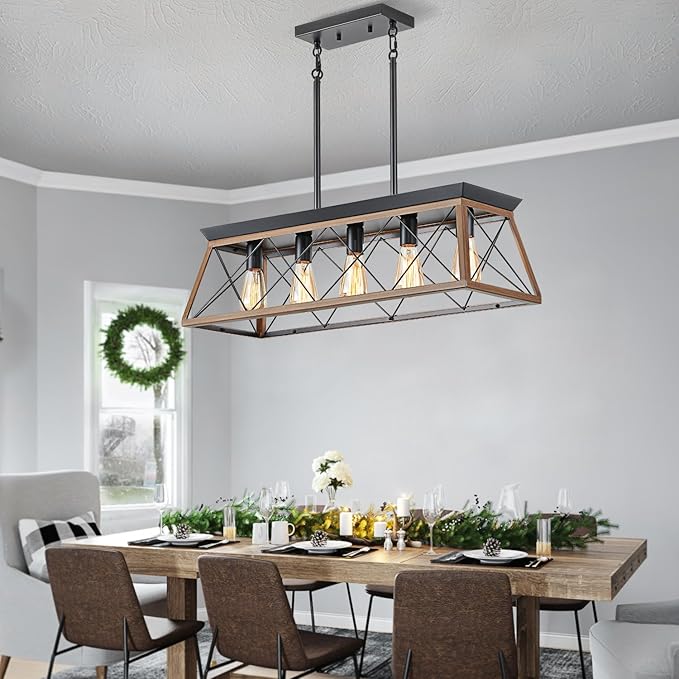 5-Light Dining Room Chandelier Over Table, Farmhouse Kitchen Island Lighting, Adjustable Height Chandeliers for Kitchen, Dining Room Table Walnut