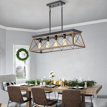 5-Light Dining Room Chandelier Over Table, Farmhouse Kitchen Island Lighting, Adjustable Height Chandeliers for Kitchen, Dining Room Table Walnut