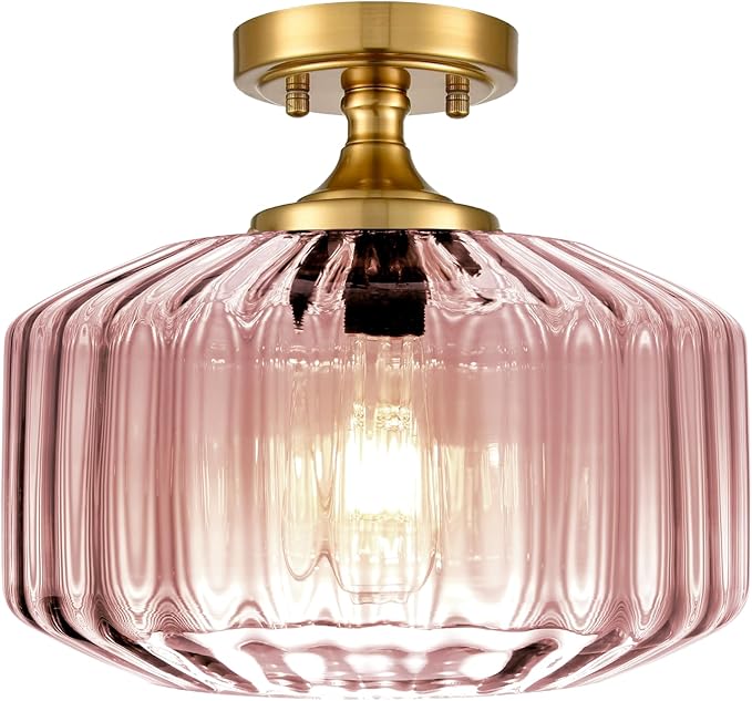 Pink Close to Ceiling Light Hallway Light Fixtures Vintage Antique Brass Ceiling Lamp with 11.02" Stripes Glass Shade, Flush Mount Ceiling Light for Closet Entryway Shower Light