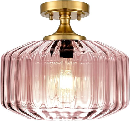 Pink Close to Ceiling Light Hallway Light Fixtures Vintage Antique Brass Ceiling Lamp with 11.02" Stripes Glass Shade, Flush Mount Ceiling Light for Closet Entryway Shower Light