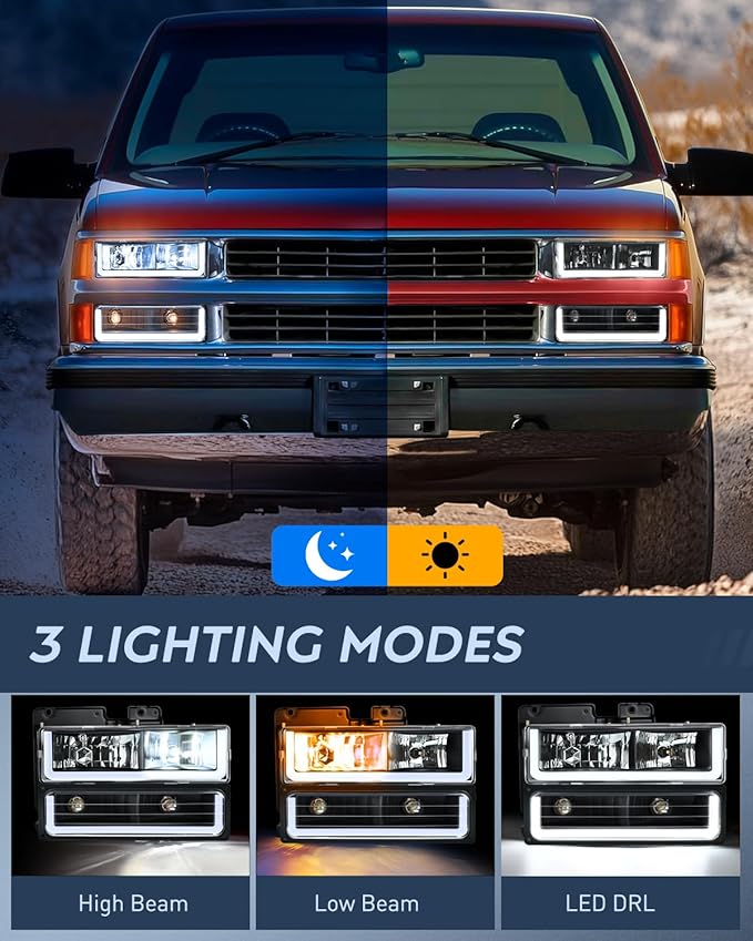 Nilight DRL Headlight Assembly Compatible with 1988 1989 1990 1991 1992 1993 1994 1995 1996 1997 1998 Chevrolet GMC C10 C/K 1988-1999 Silverado Suburban Sierra Blazer Tahoe Yukon Black Housing