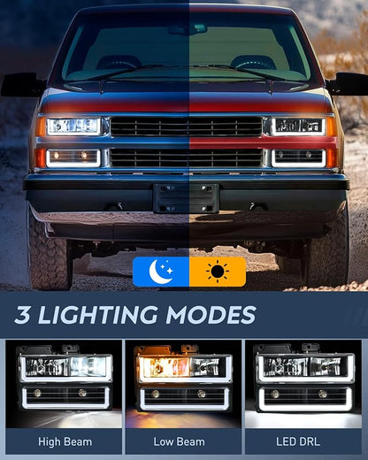 Nilight DRL Headlight Assembly Compatible with 1988 1989 1990 1991 1992 1993 1994 1995 1996 1997 1998 Chevrolet GMC C10 C/K 1988-1999 Silverado Suburban Sierra Blazer Tahoe Yukon Black Housing