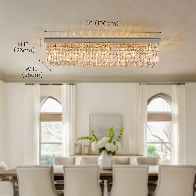 Crystal Chandelier for Dining Room 39.3" Modern Gold K9 Crystal Rectangle Chandeliers Flush Mount Pendant Light Fixture Kitchen Island Bar Dining Room Bedroom Bathroom Hotel