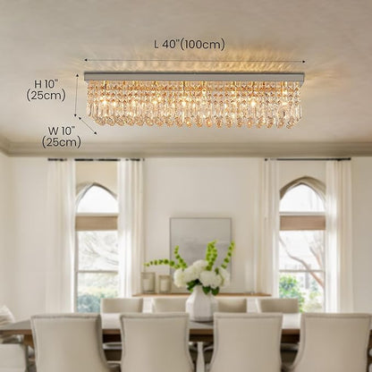 Crystal Chandelier for Dining Room 39.3" Modern Gold K9 Crystal Rectangle Chandeliers Flush Mount Pendant Light Fixture Kitchen Island Bar Dining Room Bedroom Bathroom Hotel