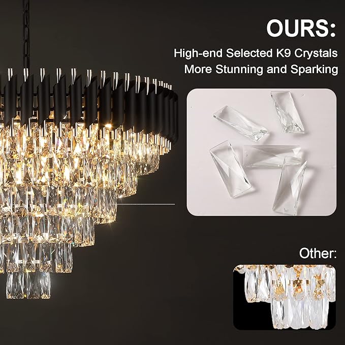 AXILIXI Black and Gold Crystal Chandeliers 30” Modern Dining Room Chandelier Round 6 Tiers K9 Crystal Large Pendant Light Fixtures for Entryway Foyer Stairwell Living Room