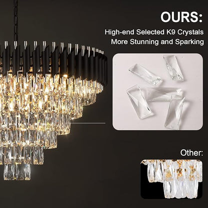 AXILIXI Black and Gold Crystal Chandeliers 30” Modern Dining Room Chandelier Round 6 Tiers K9 Crystal Large Pendant Light Fixtures for Entryway Foyer Stairwell Living Room