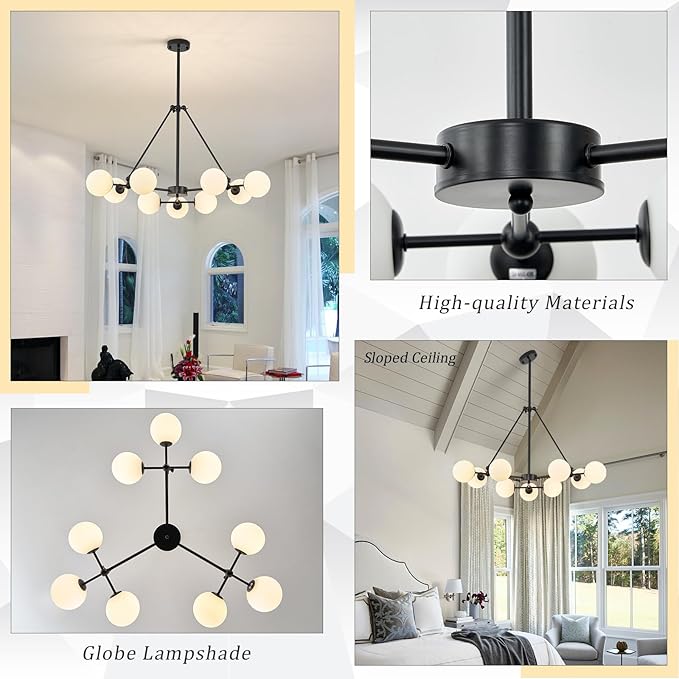 CATINER L40” Black Sputnik Chandeliers 9-Lights Mid Century Chandelier Modern Ceiling Pendant Light Fixtures with Milk Glass Globe Shades for Living Dining Room Foyer Entryway Kitchen Bedroom