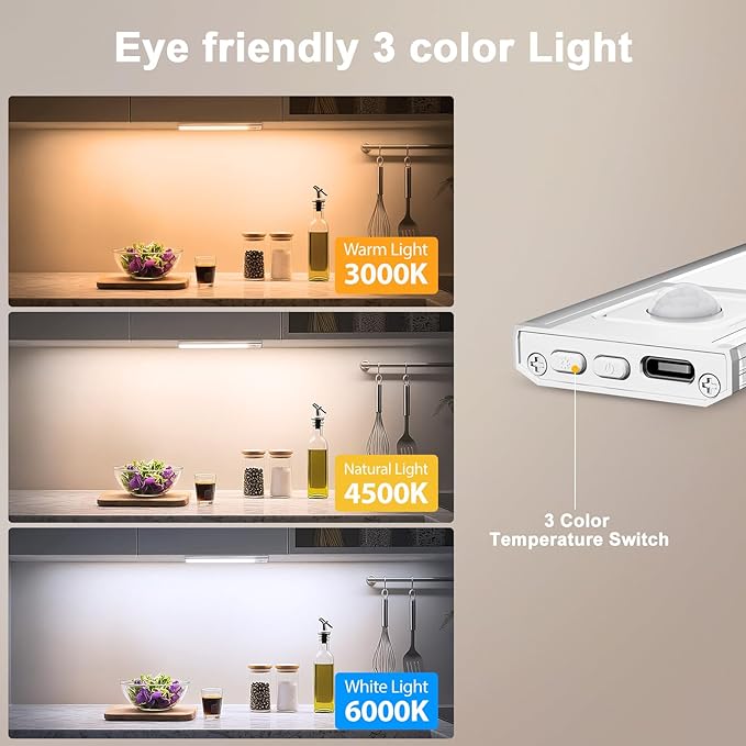 Onforu 13.8" Under Cabinet Lighting, 2700mAh USB-C Rechargeable, Motion Sensor Under Cabinet Lights with 3 Color & Dimmable, Magnetic Under Counter Lights for Kitchen, Closet, 6 Pack