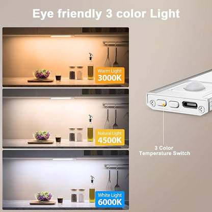 Onforu 9.8" Under Cabinet Lighting, 2000mAh USB-C Rechargeable, Motion Sensor Under Cabinet Lights with 3 Color & Dimmable, Magnetic Under Counter Lights for Kitchen, Closet, 2 Pack