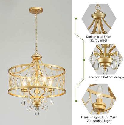 Gold Crystal Chandelier, 5-Light Modern Farmhouse Chandelier for Dining Room Vintage Hanging Pendant Light Fixtures, Gold Round Chandelier for Kitchen Island Entryway Foyer Bedroom Office Bar