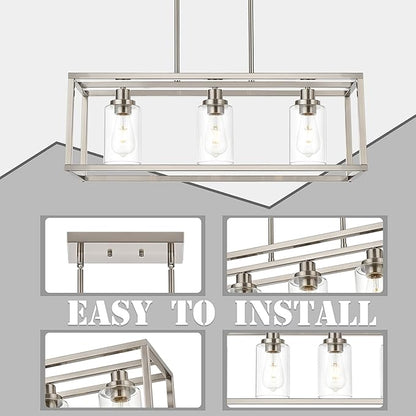 MELUCEE Rectangle Chandeliers for Dining Room Brushed Nickel Finish 3-Light Kitchen Island Lighting Modern Light Fixtures Ceiling Hanging for Hallway Living Room, Clear Glass Lampshade