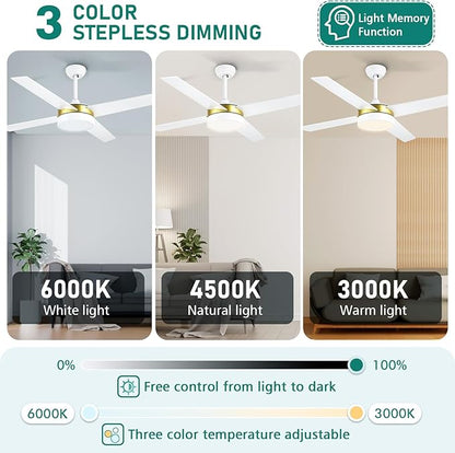 YITAHOME 52 Inch White Gold Ceiling Fans with Light and Remote, Dimmable Fan for Indoor, Modern Wood LED Fan with Quiet Reversible Motor, Memory Function, for Bedroom, Living Room