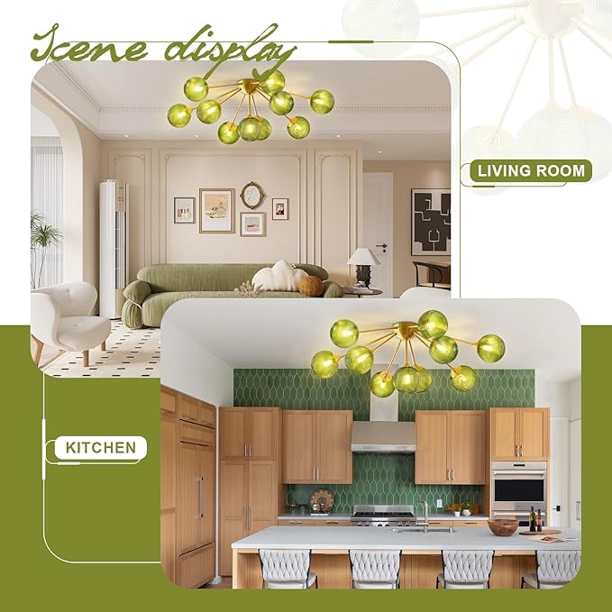 10-Light Gold Sputnik Chandelier, Mid Century Modern Ceiling Light, Green Glass Globes Pendant Lighting Fixture for Dining Room Living Room Kitchen Foyer Entryway Hallway