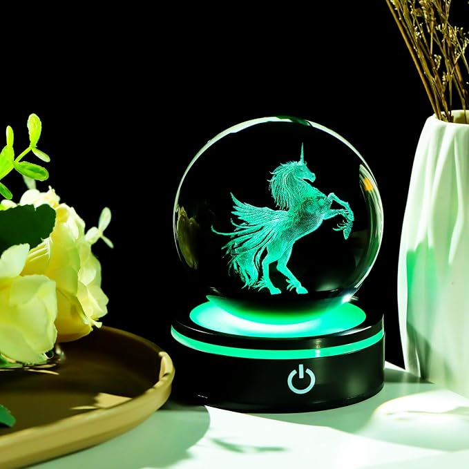 YWHL Unicorn Gifts for Women, 3D Laser Unicorn Figurines Crystal Ball Decor with Colorful Light Base, Gifts for Birthday Christmas, Glass Animals Statue for Home Decorations(80mm)